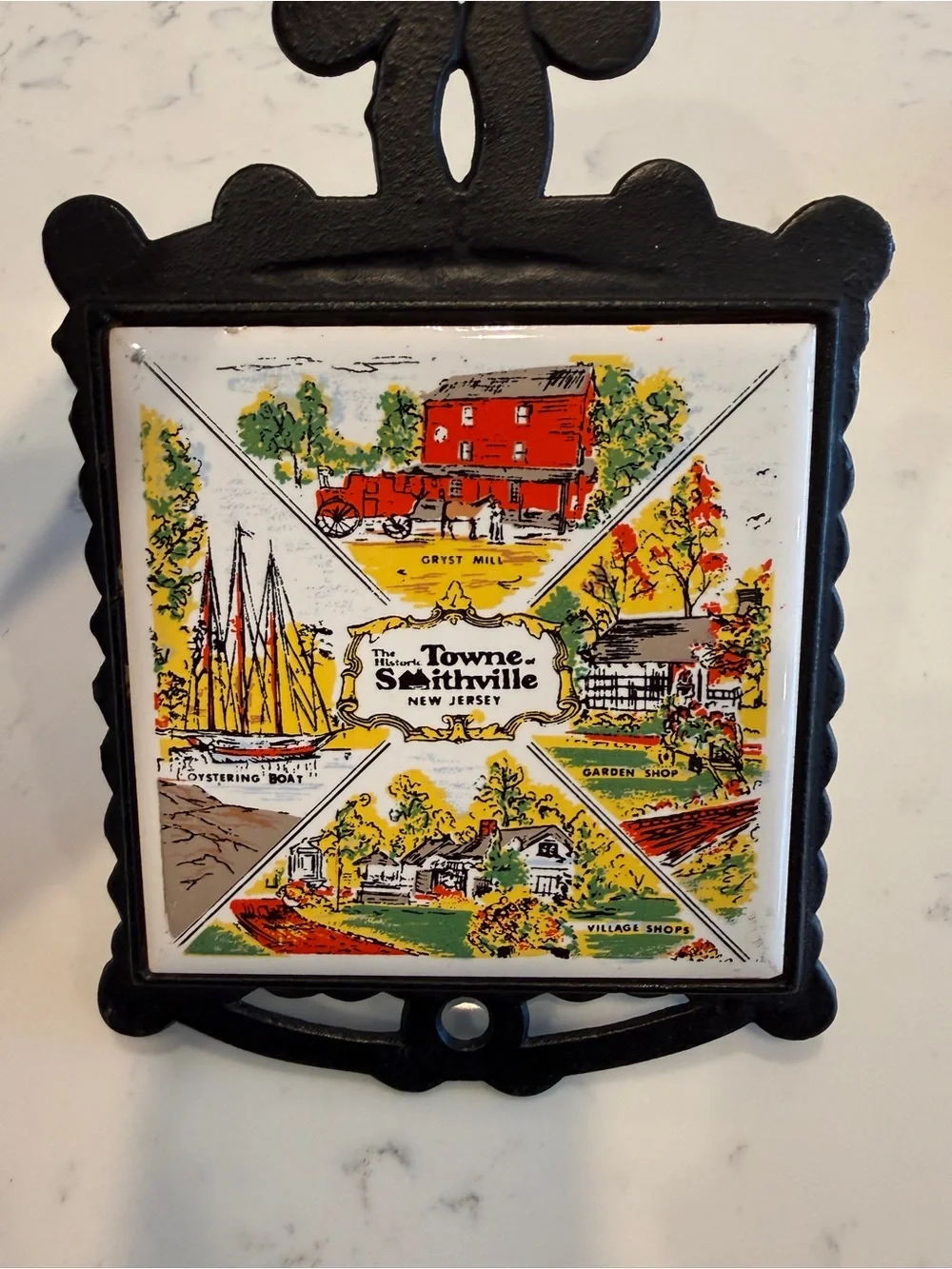 Vintage Smithville New Jersey Souvenir Ceramic Tile Cast Iron Trivet Iron Decor